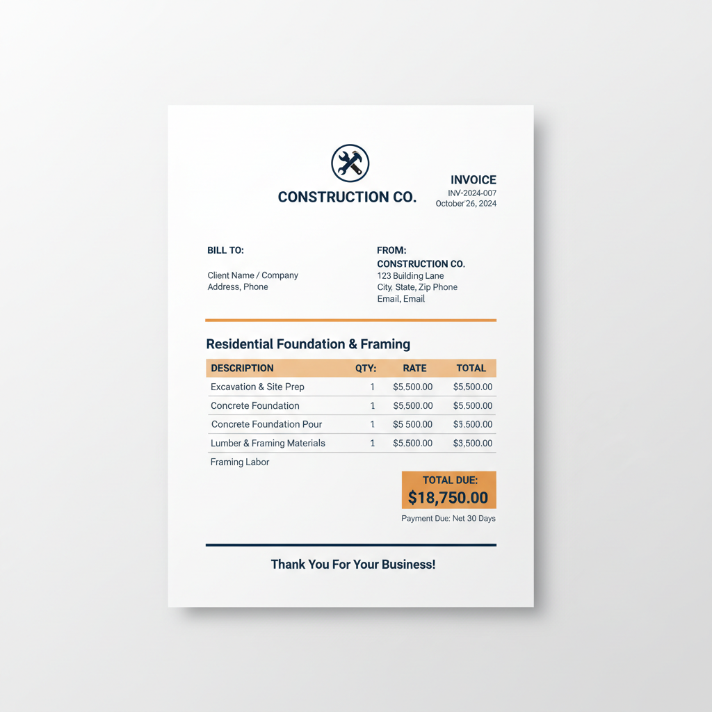 Professional construction invoice template digital download