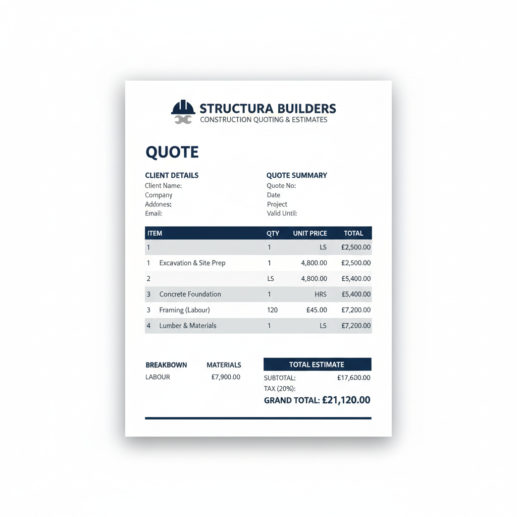 Professional construction quoting template digital download