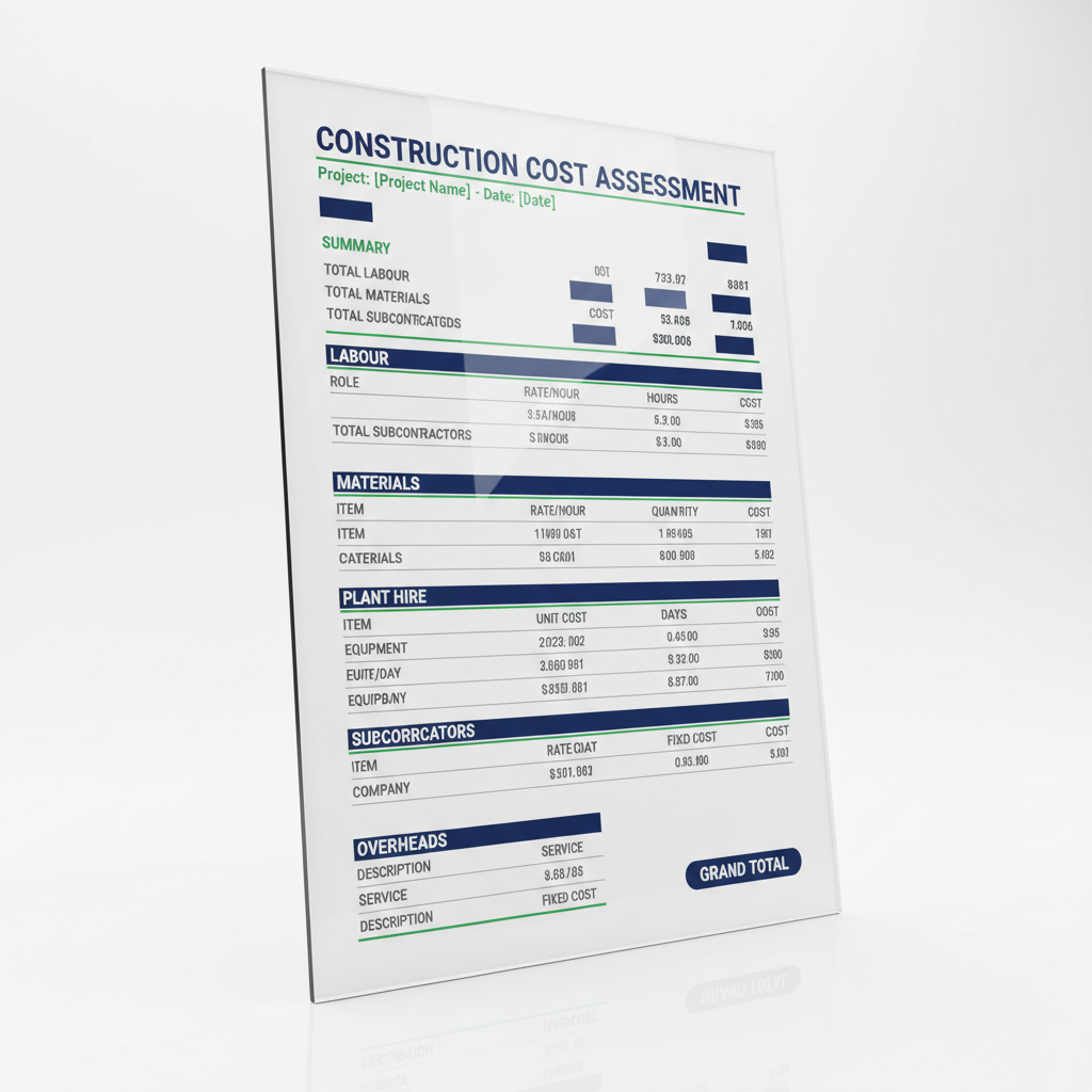 Professional construction cost assessment template digital download